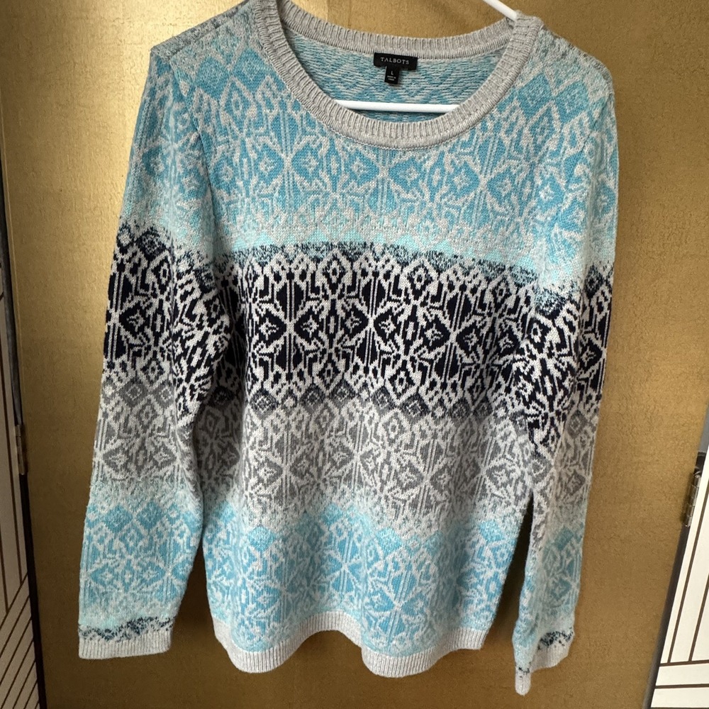 Womens Talbots Large Sweater Nordic Fair Isle Scandi Blue Aqua Grey White Black
